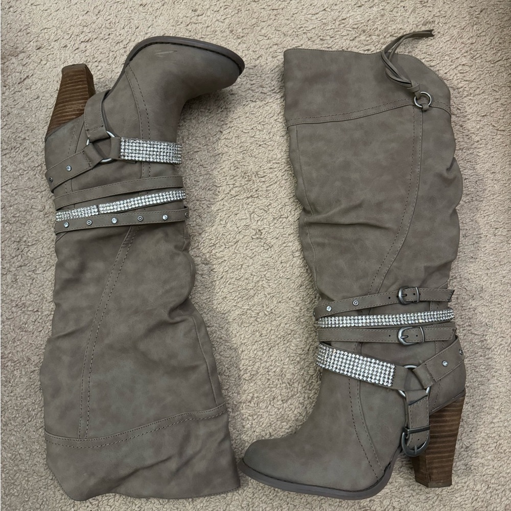 Tan Heeled Boots with Strappy Rhinestone Design